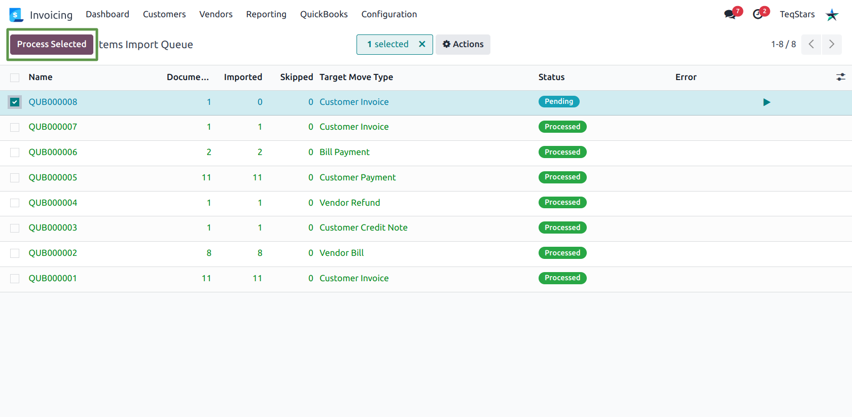 Items Import Queue with processed rows for invoices, bills, credit notes and payments