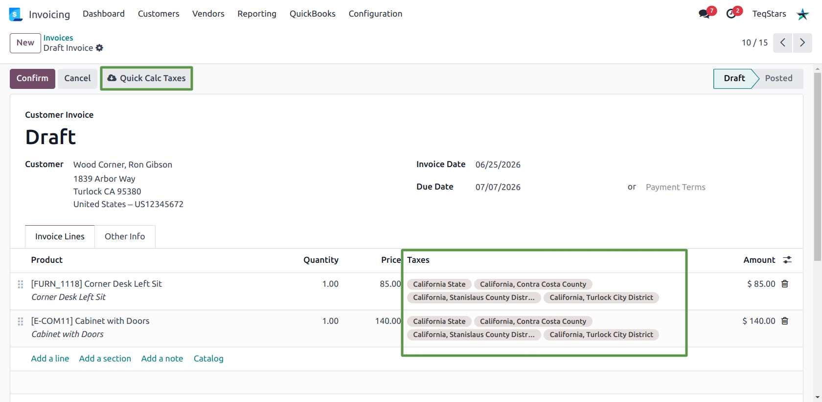 Draft invoice with California state, county and district taxes applied by Quick Calc Taxes
