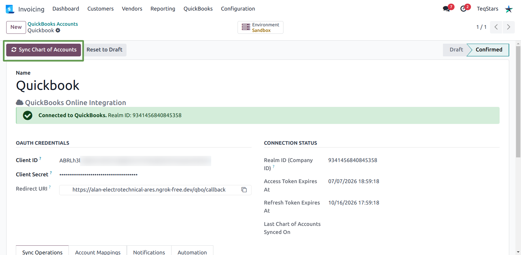 Sync Chart of Accounts button on a confirmed QuickBooks connection