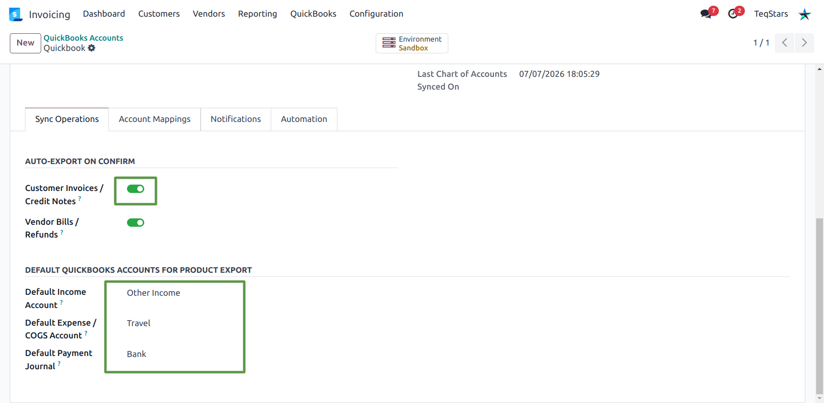 Sync Operations tab with auto-export toggles and the default QuickBooks accounts