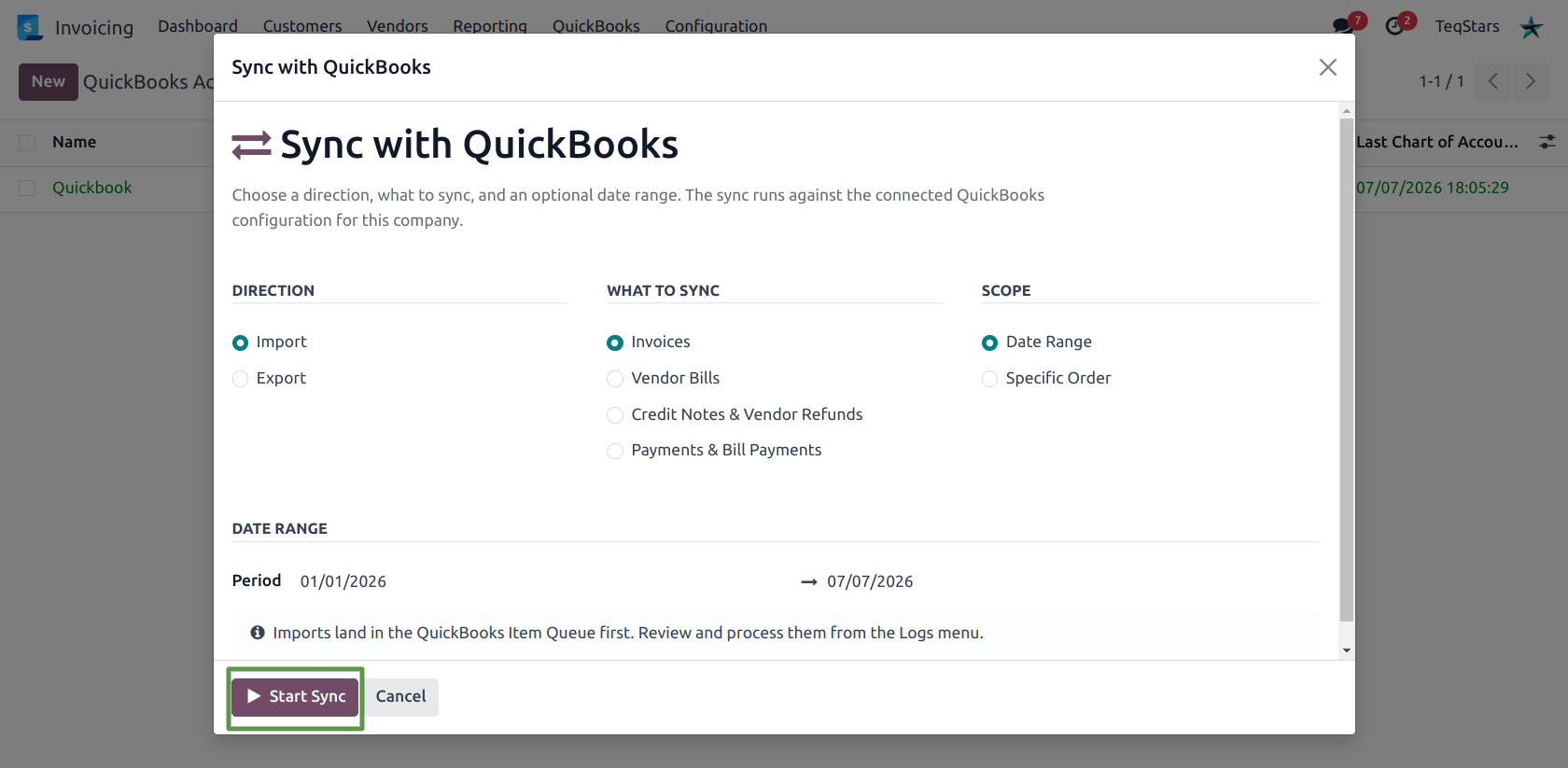 Sync with QuickBooks wizard set to Import Invoices over a date range