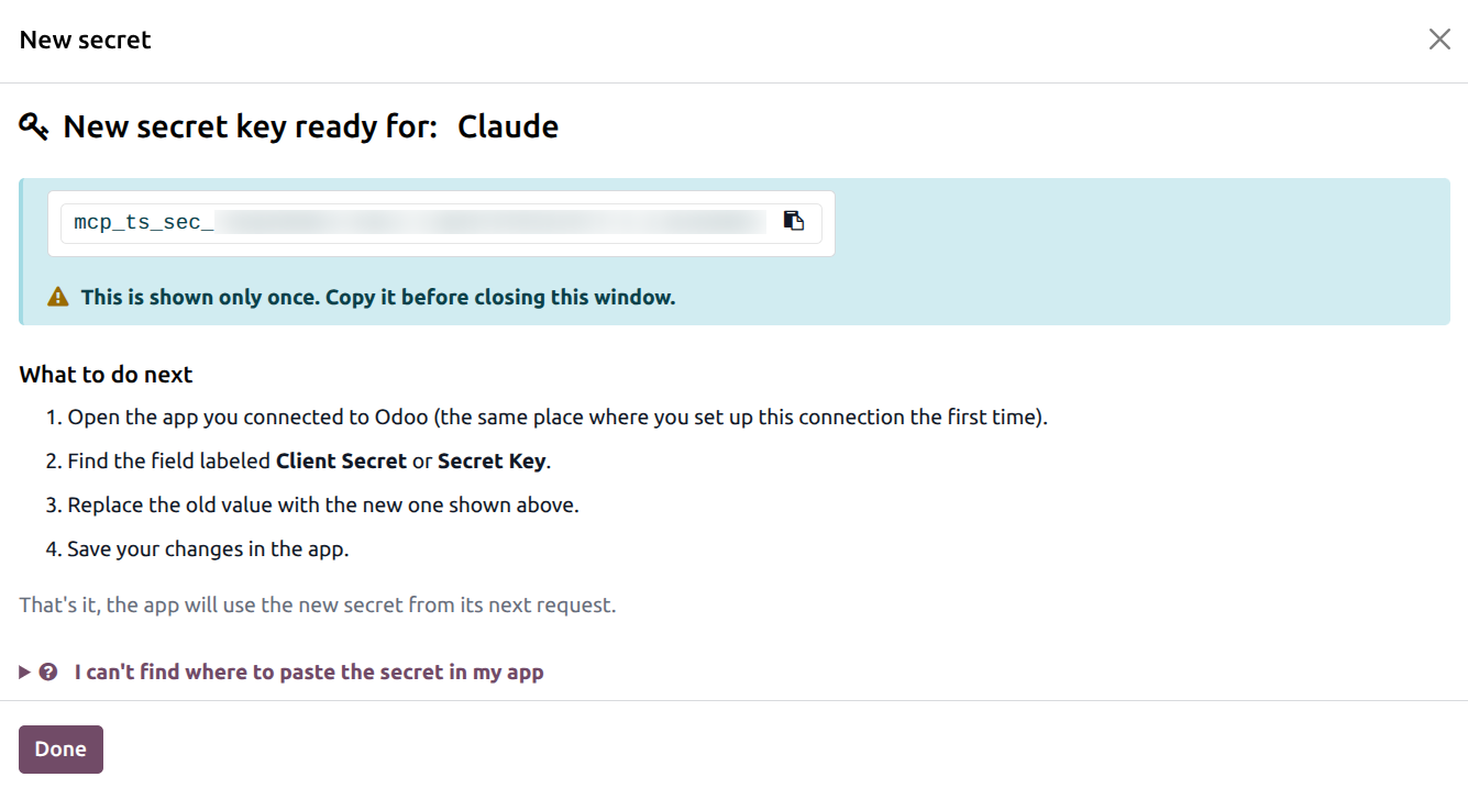 Rotate Secret popup with the new secret string and the step-by-step guide