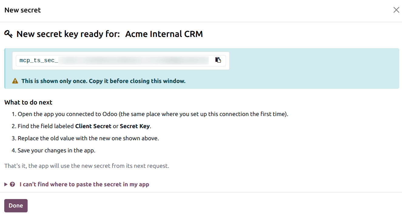 Rotate Secret Key popup with the new secret string and a numbered list of next steps to update the external app