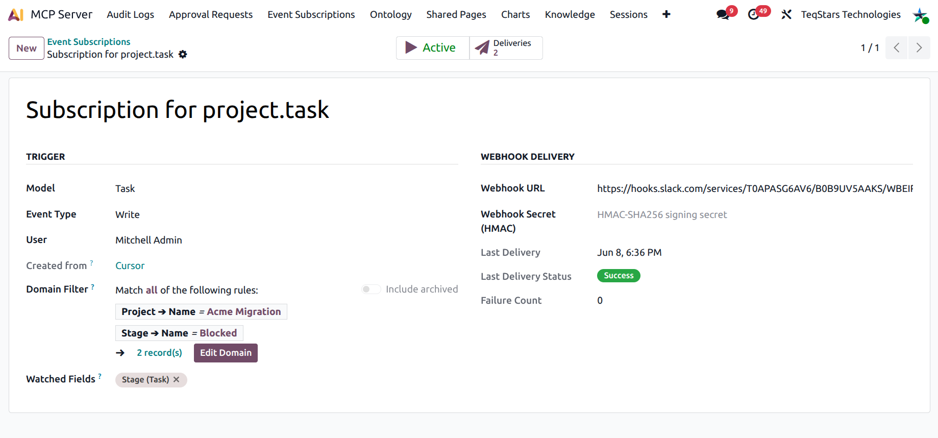 Event Subscription form for a sale.order write subscription with watched fields list, Slack webhook URL, and the last delivery status as success