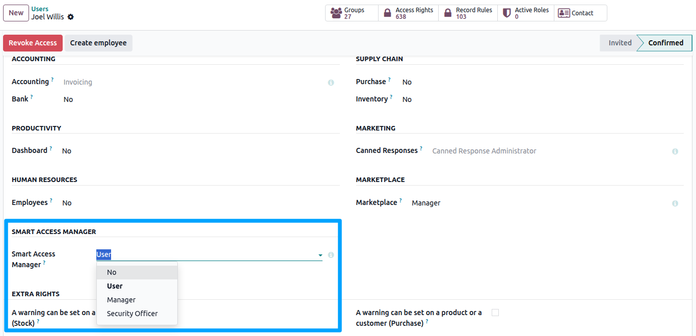 Smart Access Manager access rights on the user form
