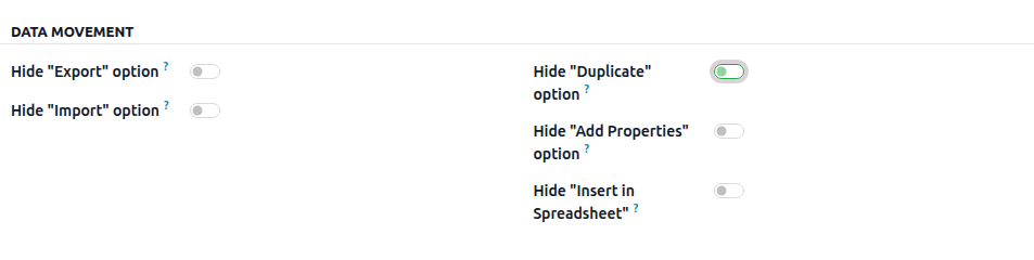 Actions menu and data movement configuration
