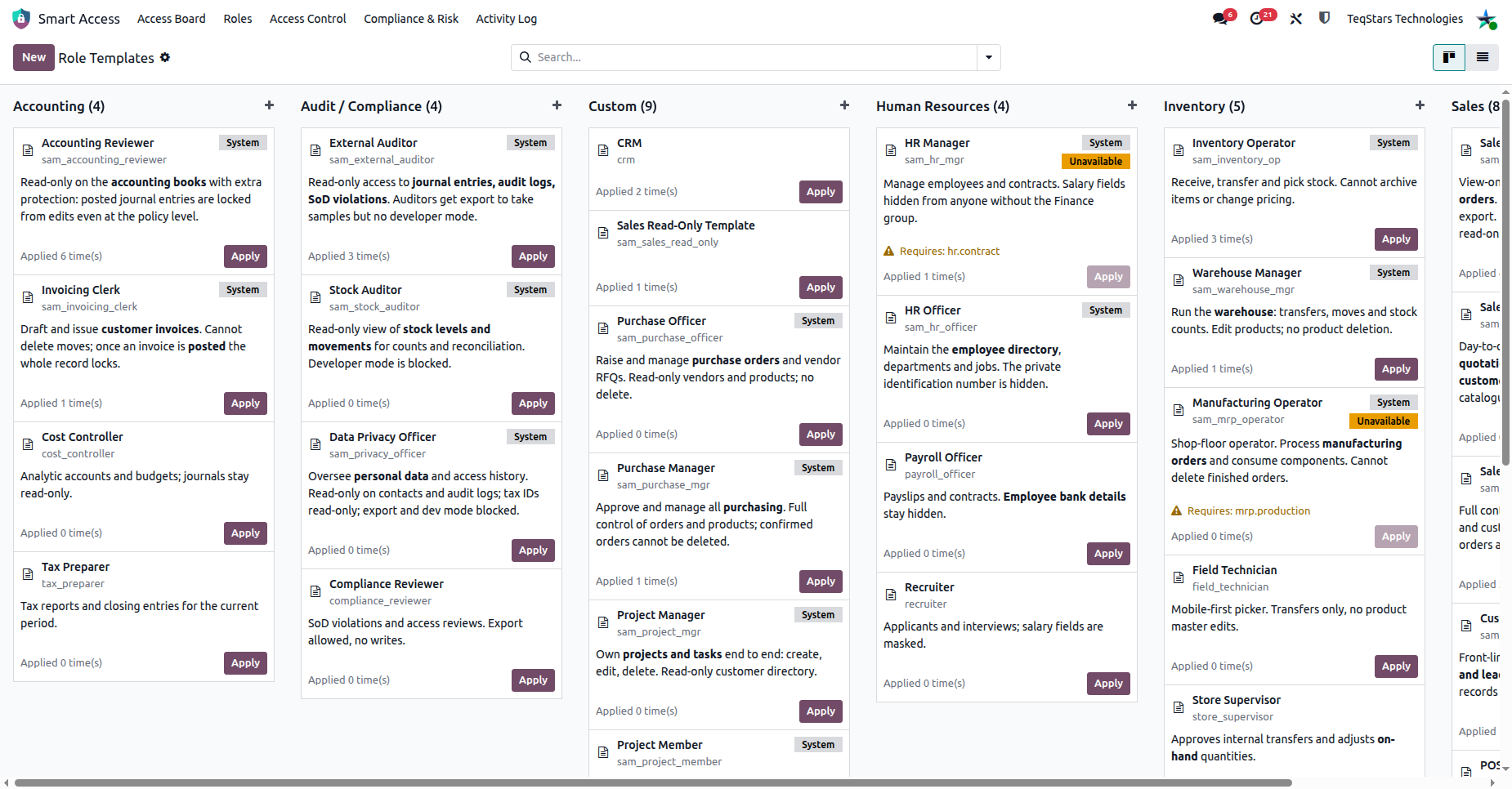 Role templates list
