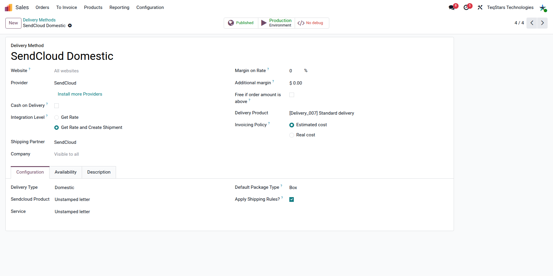 Sendcloud Delivery Method Configration