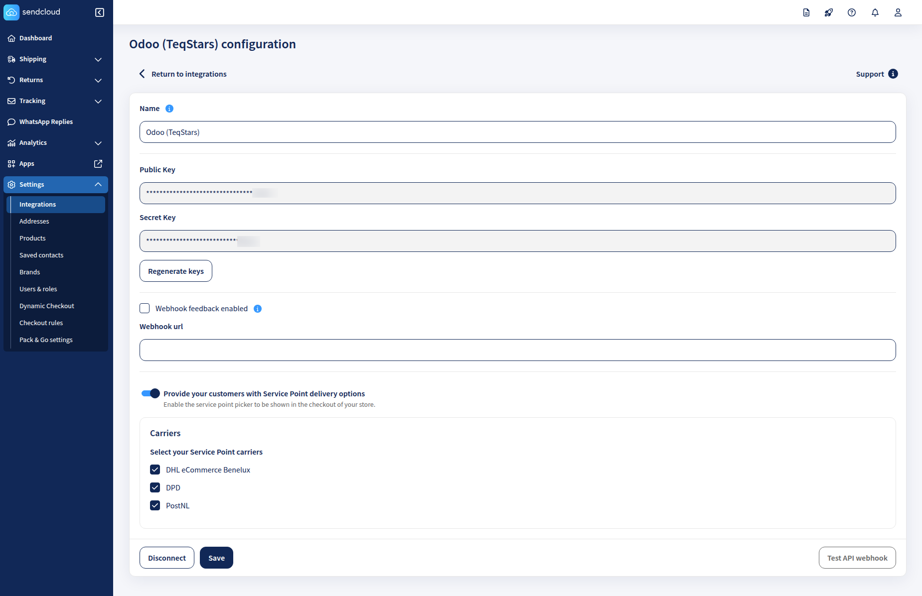 Sendcloud integration configuration page showing Public and Secret Keys.