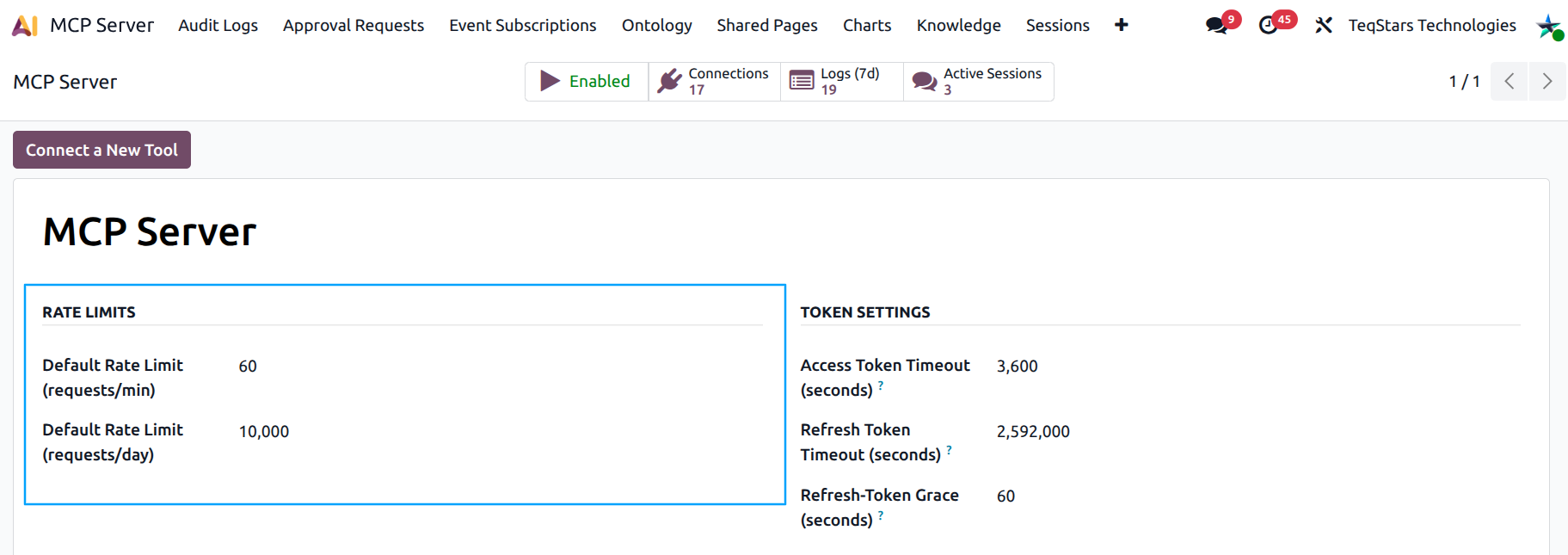Server Settings form with the Rate Limits group highlighted on the right side of the form