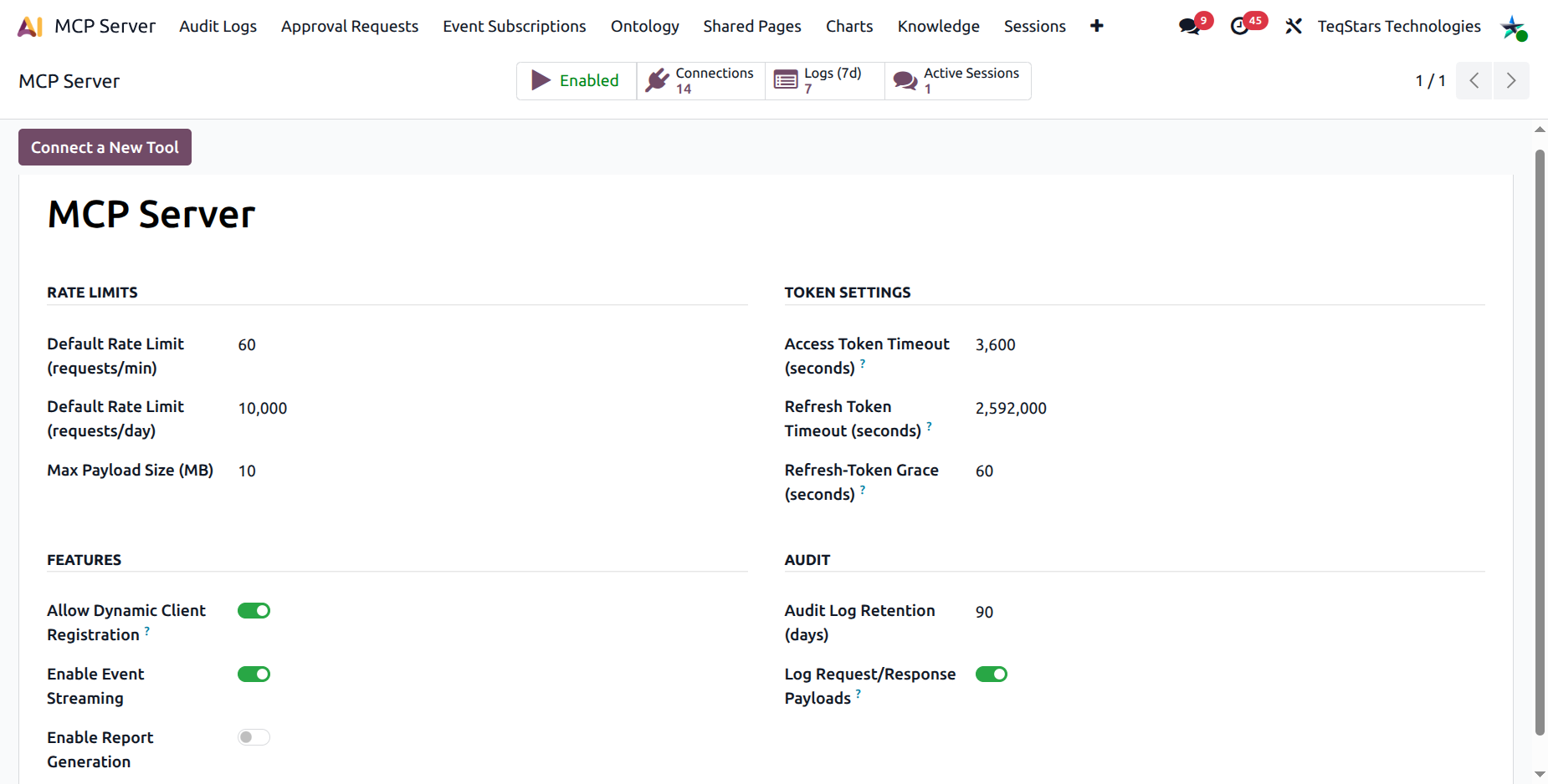 MCP Server Settings form with the Enabled toggle in the ON (green) state