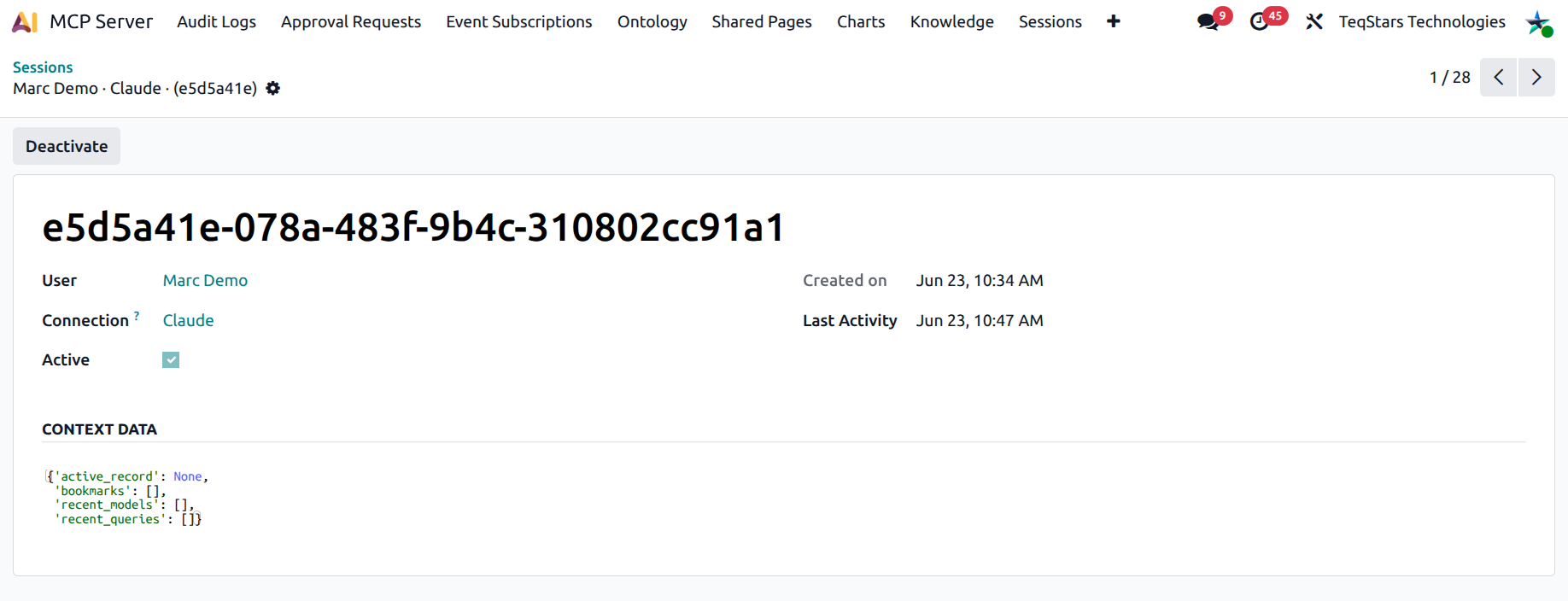 Session form with the Deactivate button and the Context Data JSON tab visible
