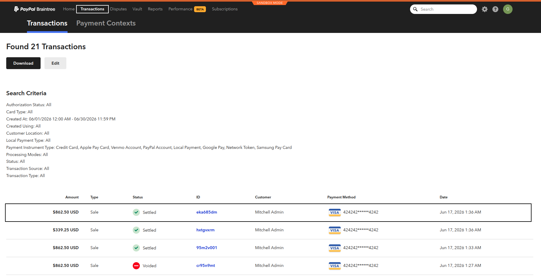 Braintree Control Panel Settled Transactions