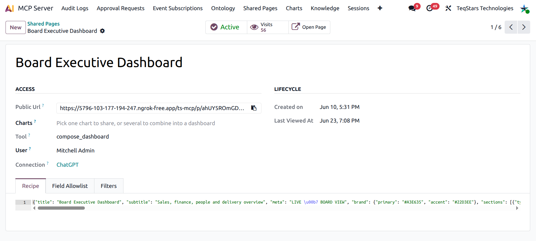 Shared Page form with the public URL field, the Active smart toggle, the Visits counter, and the Open Page button visible