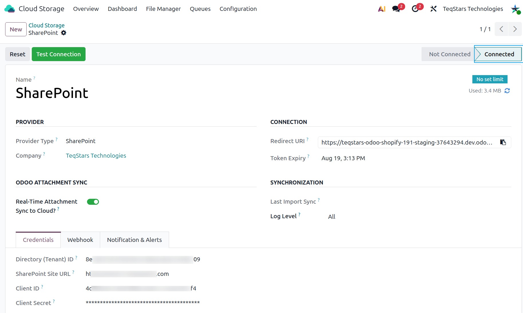Connected SharePoint provider in Odoo showing the storage gauge