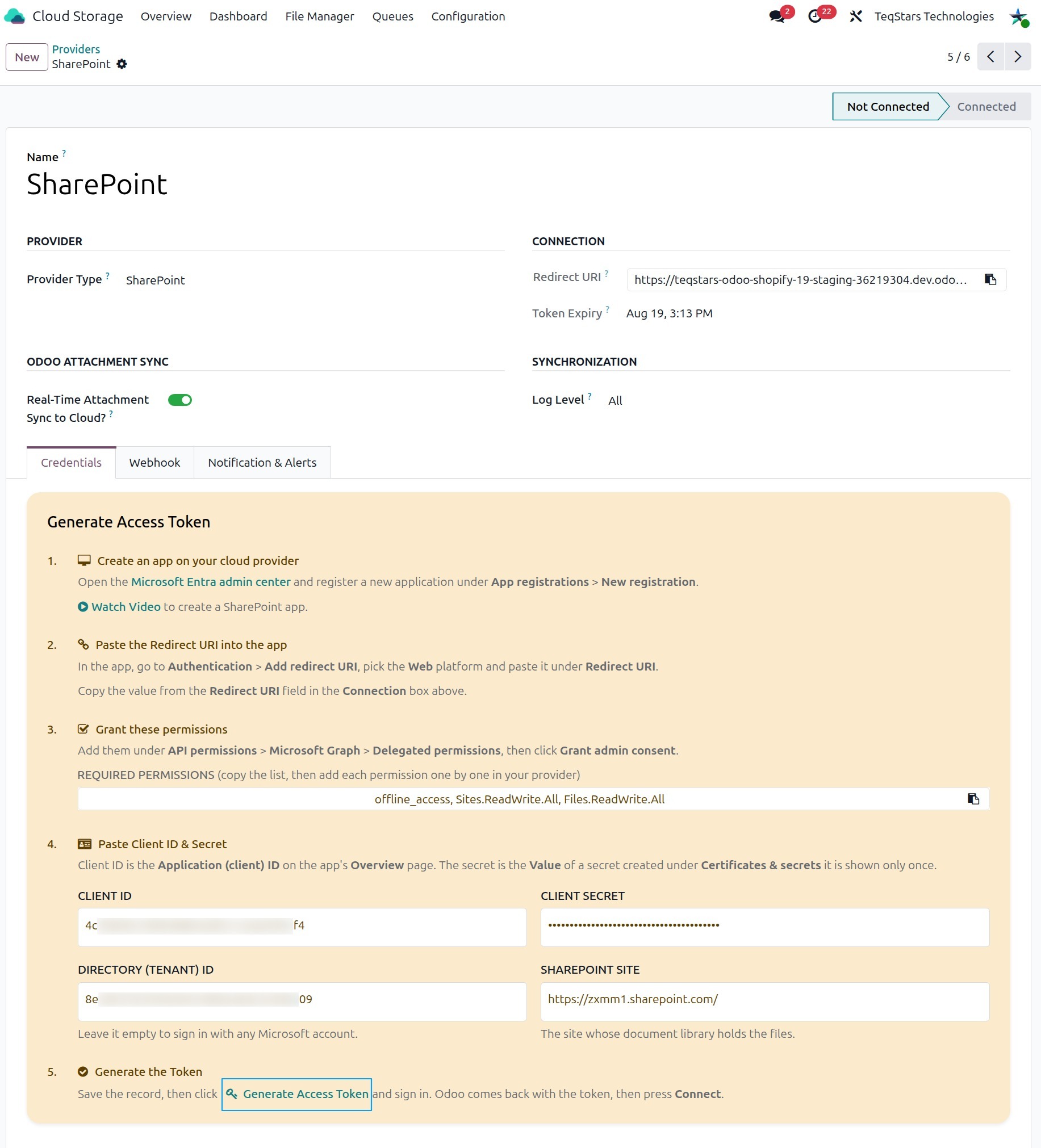 Generate Access Token on the Credentials tab of the SharePoint provider