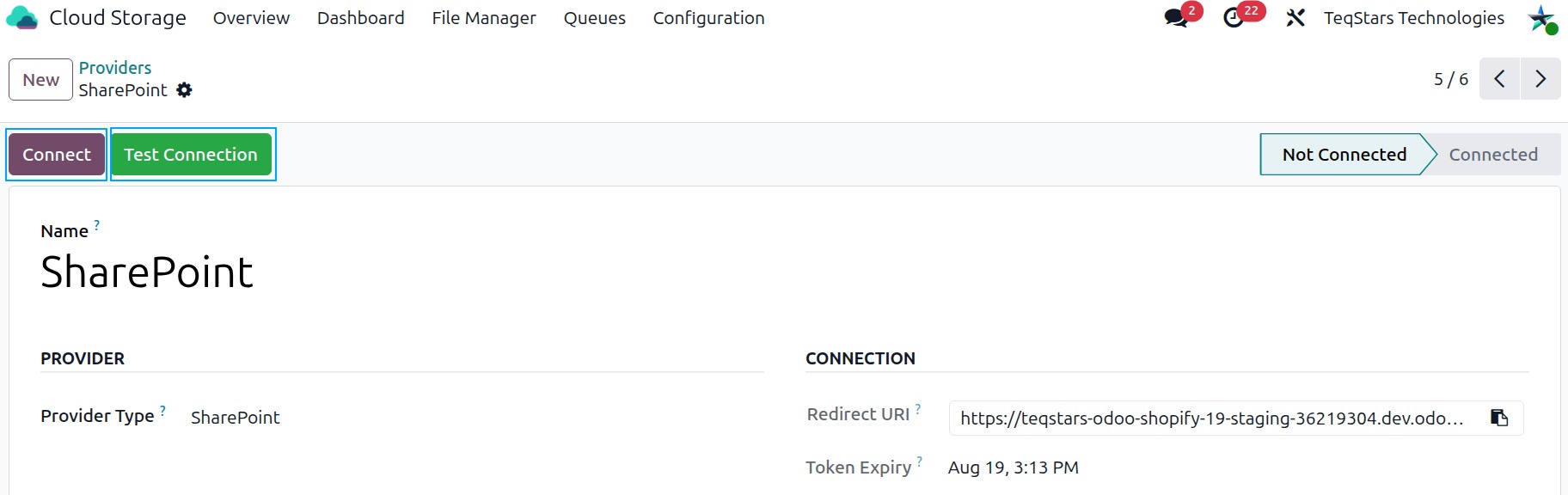 Connect and Test Connection buttons on the SharePoint provider form