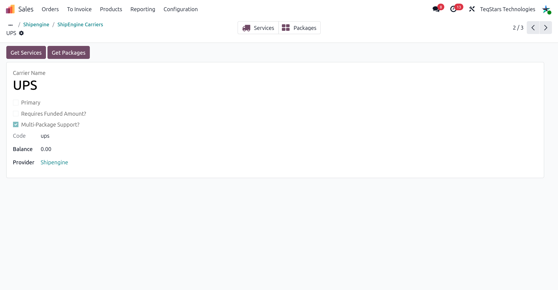 ShipEngine carrier form with Get Services and Get Packages buttons