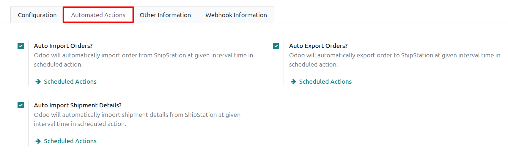 Automated Actions tab with the three toggles