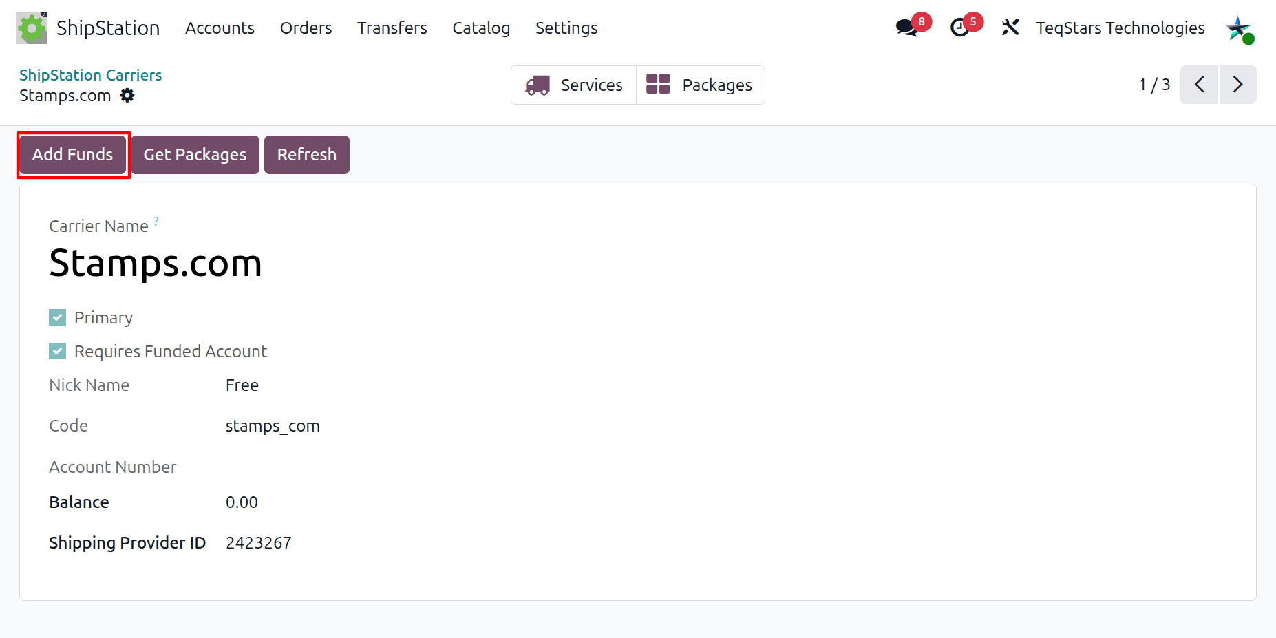 Add Funds button on the carrier form