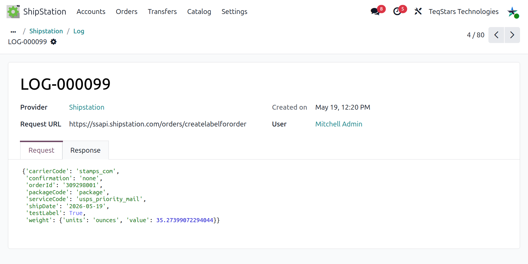 Activity log form with Request and Response tabs