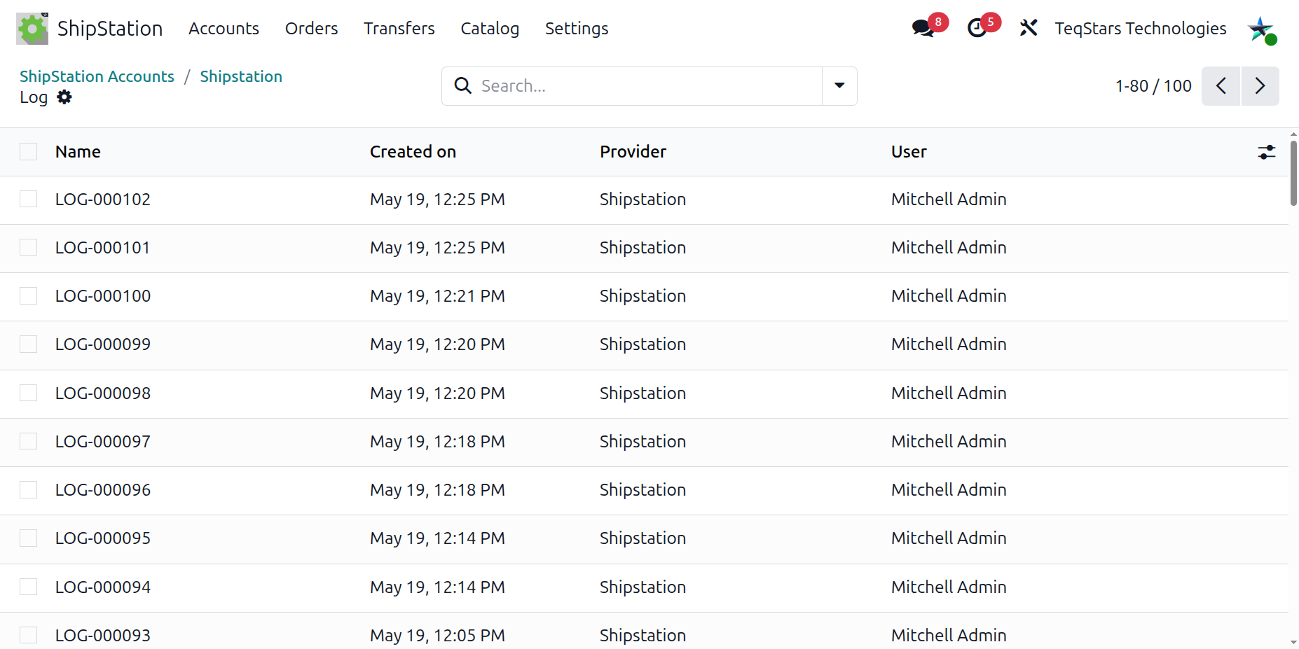 ShipStation activity log list view filtered by account