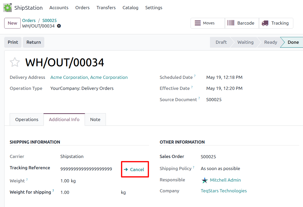 Cancel link next to the Tracking Reference field on the delivery order