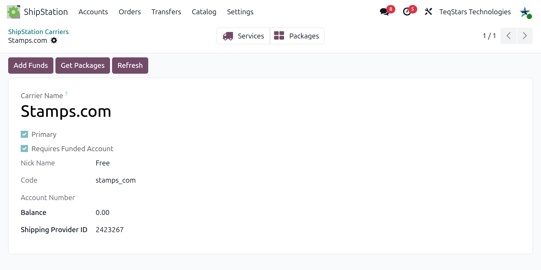 Carrier form with Refresh, Services, Packages, and Add Funds buttons
