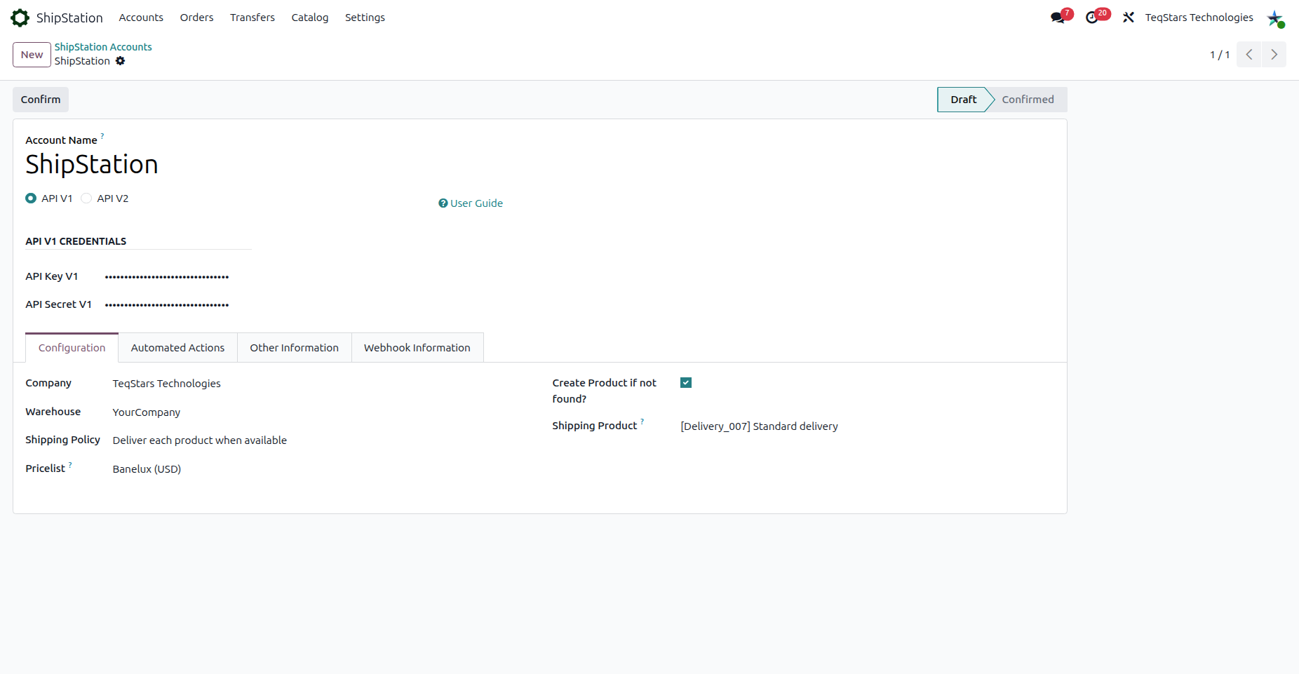 ShipStation account on API v1 with API Key V1 and API Secret V1