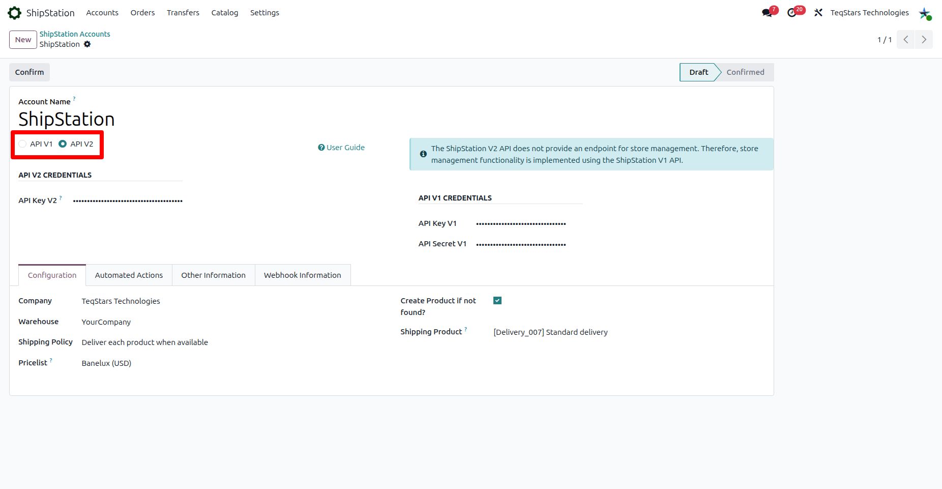 ShipStation account on API v2 with API Key V2 plus the V1 keys used for store sync