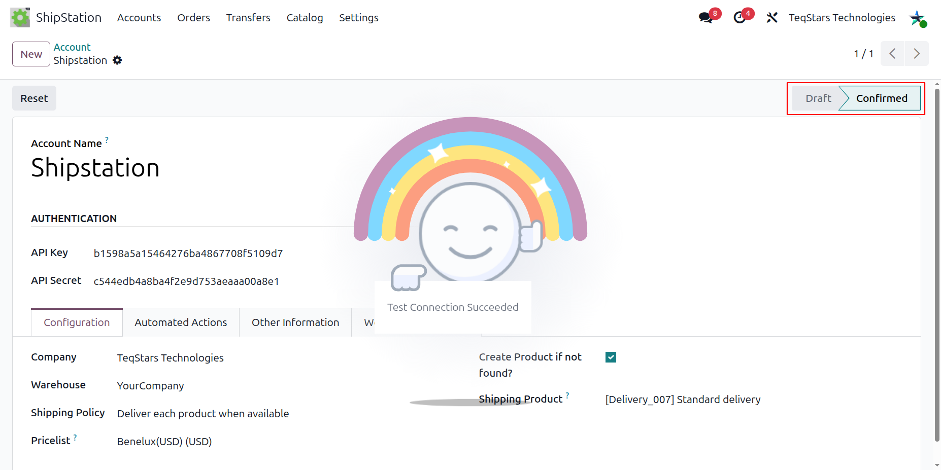 Account confirmed with state badge set to Confirmed