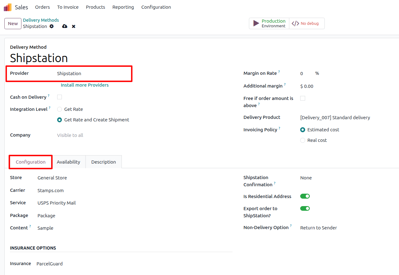 Delivery method form with Provider set to ShipStation