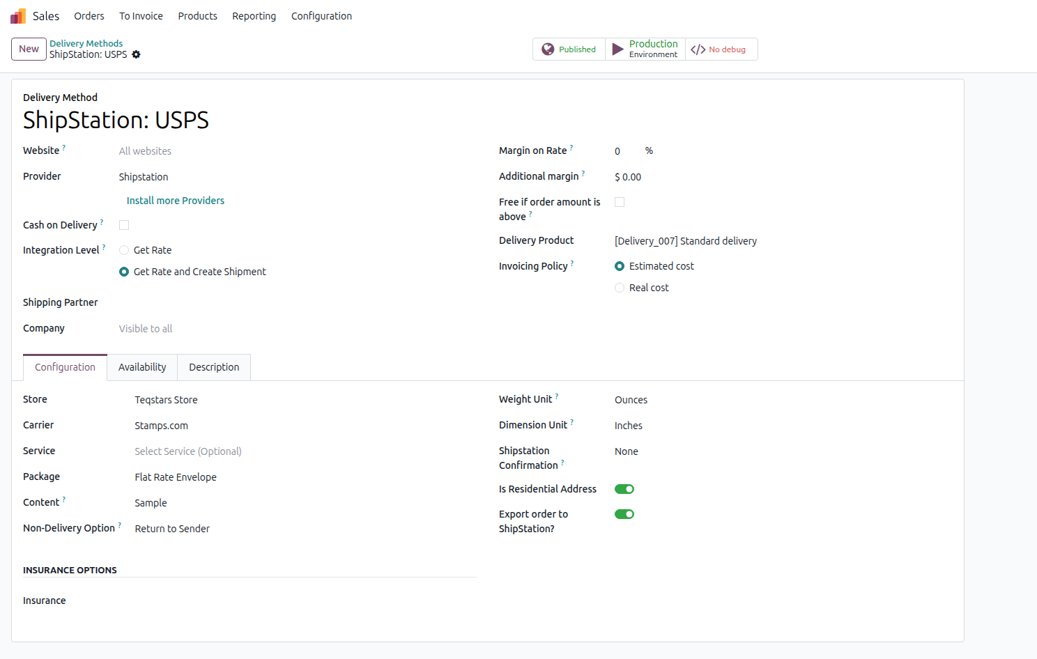 ShipStation v1 delivery method with a single carrier, service, and package
