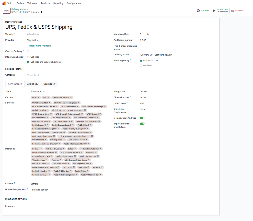 ShipStation v2 delivery method with multiple carriers, services, and packages for multi-carrier rate shipping