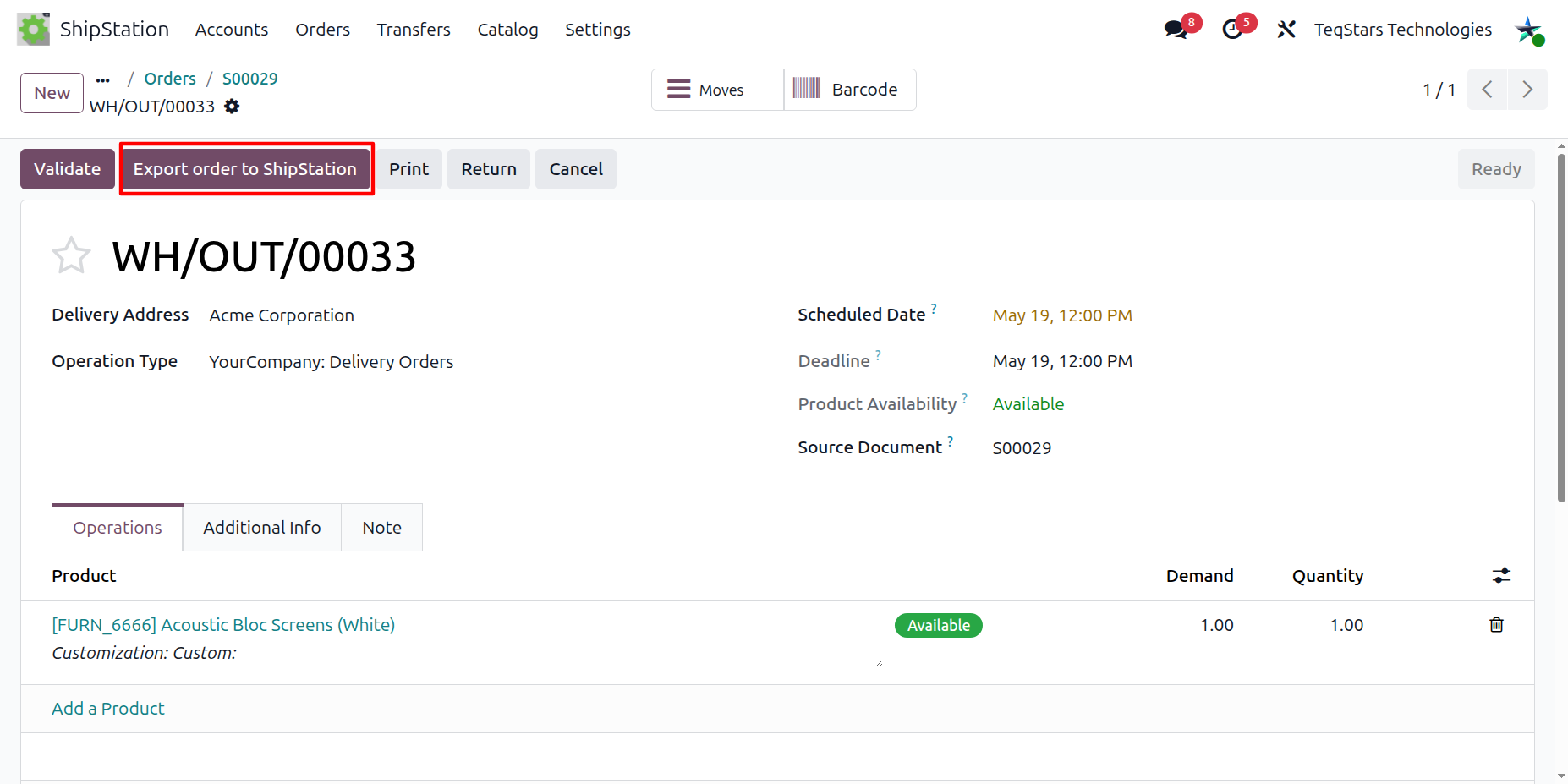 Export order to ShipStation button on the delivery order