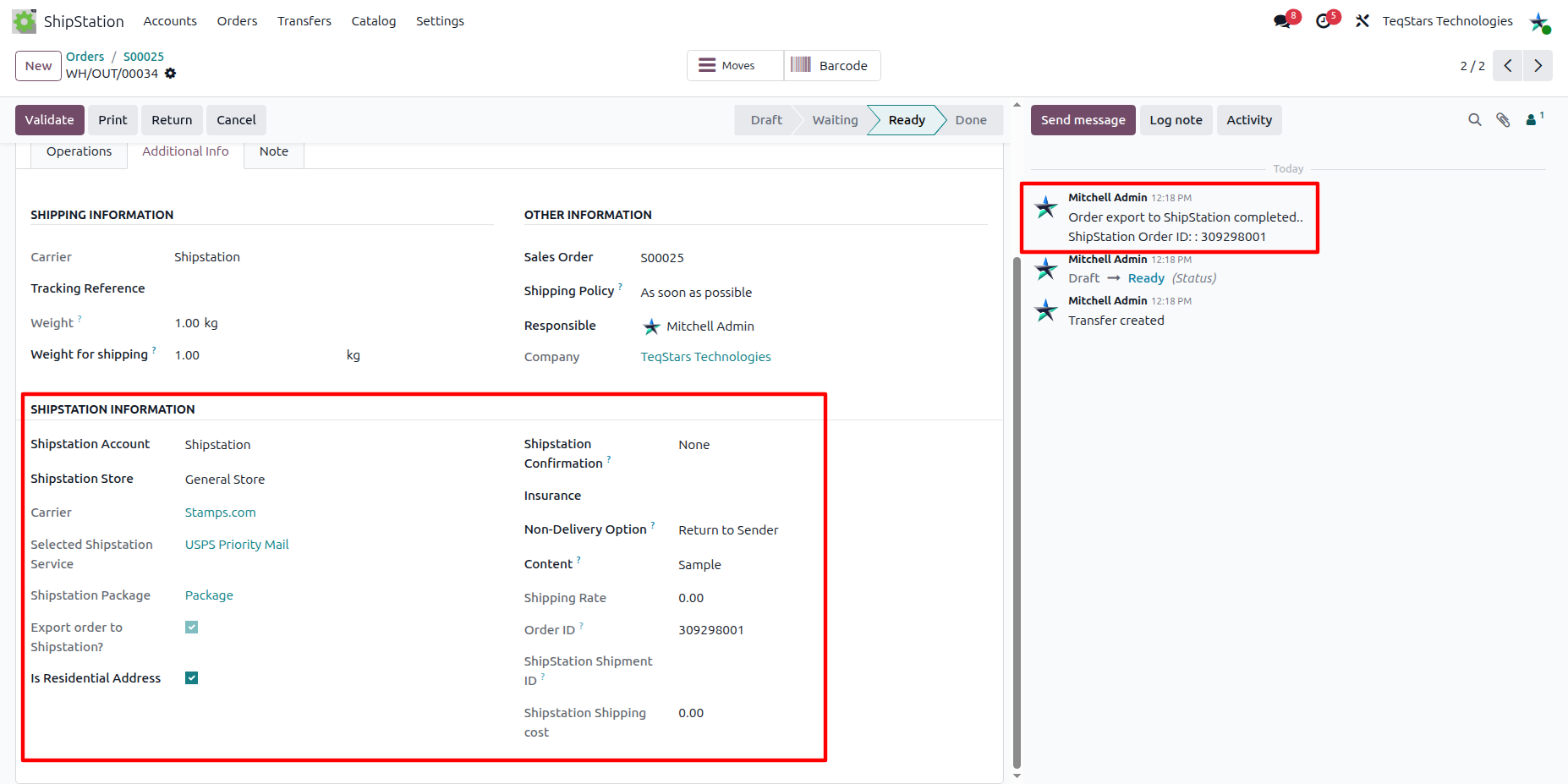 Exported delivery with ShipStation Order ID populated and chatter confirmation message