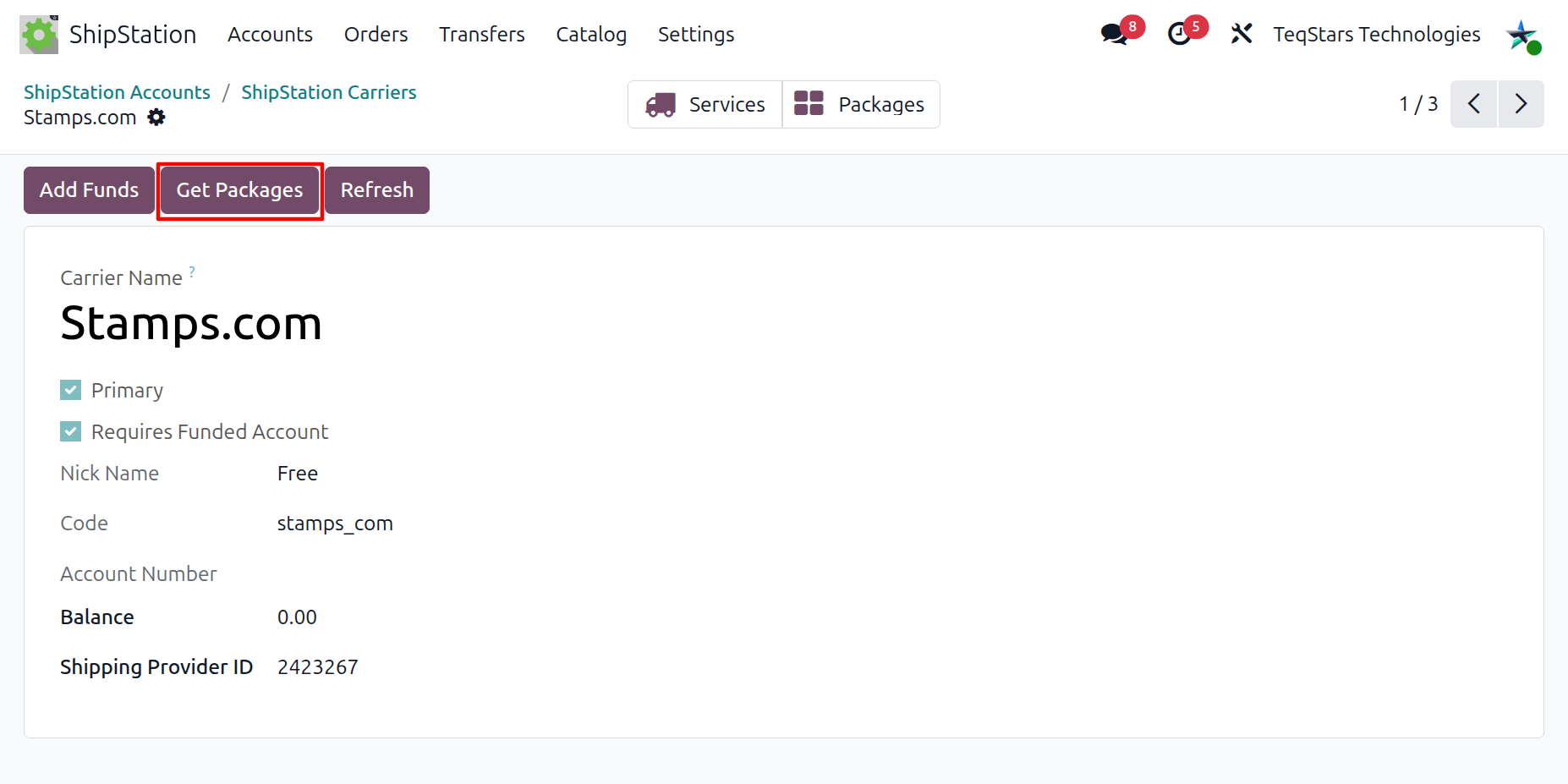 Get Packages button on the carrier form