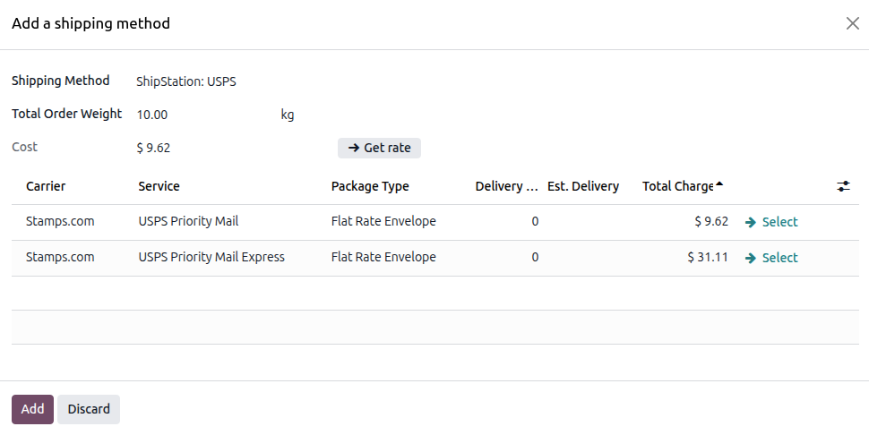 API v1 rate list on the Odoo sales order — rates for the selected carrier's services