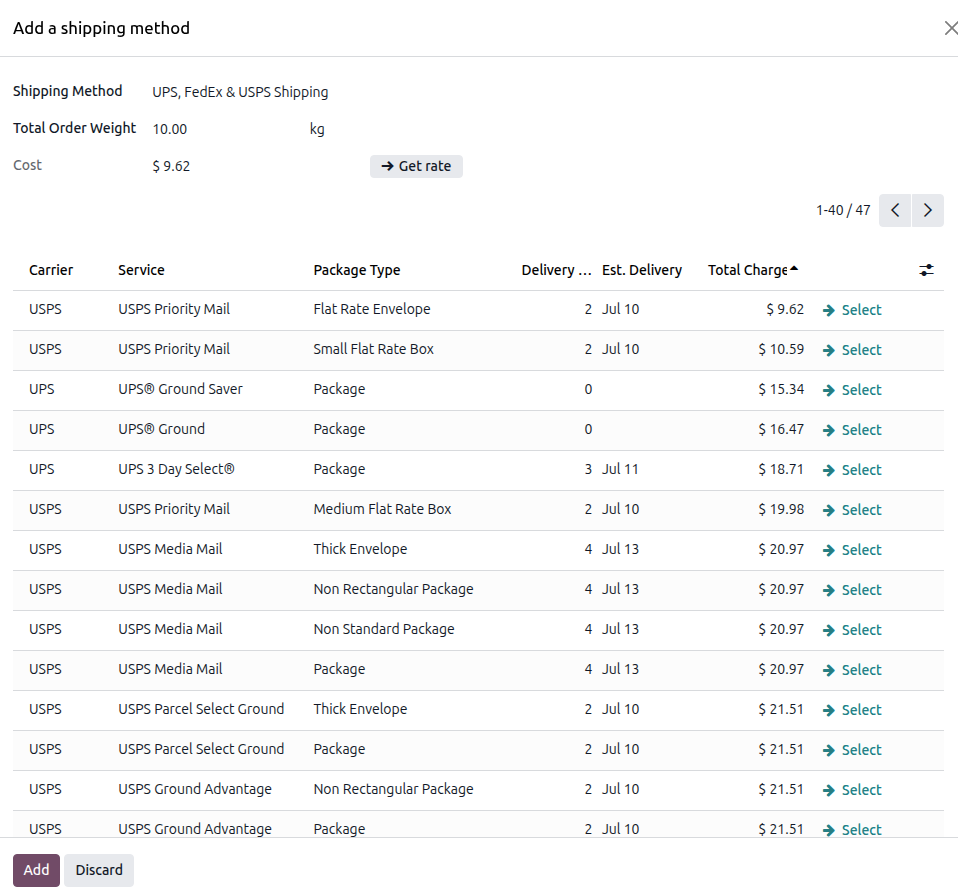 API v2 rate list on the Odoo sales order — rates compared across multiple carriers, services, and packages