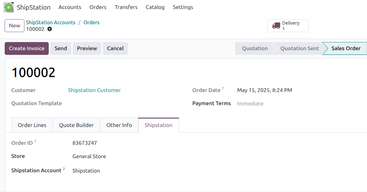 Imported sales order with the ShipStation Order ID, Account, Store, and Service fields populated