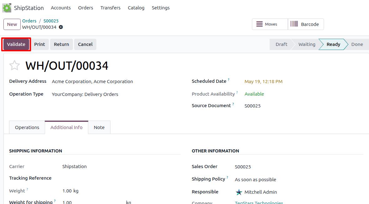 Validate button on the delivery order