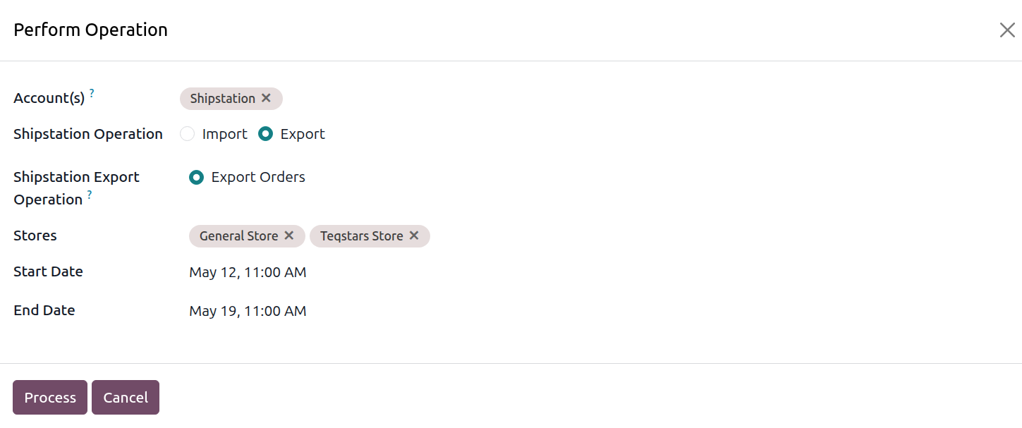 Operations wizard set to Export Orders