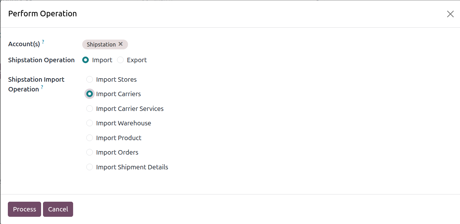 Operations wizard set to Import Carriers