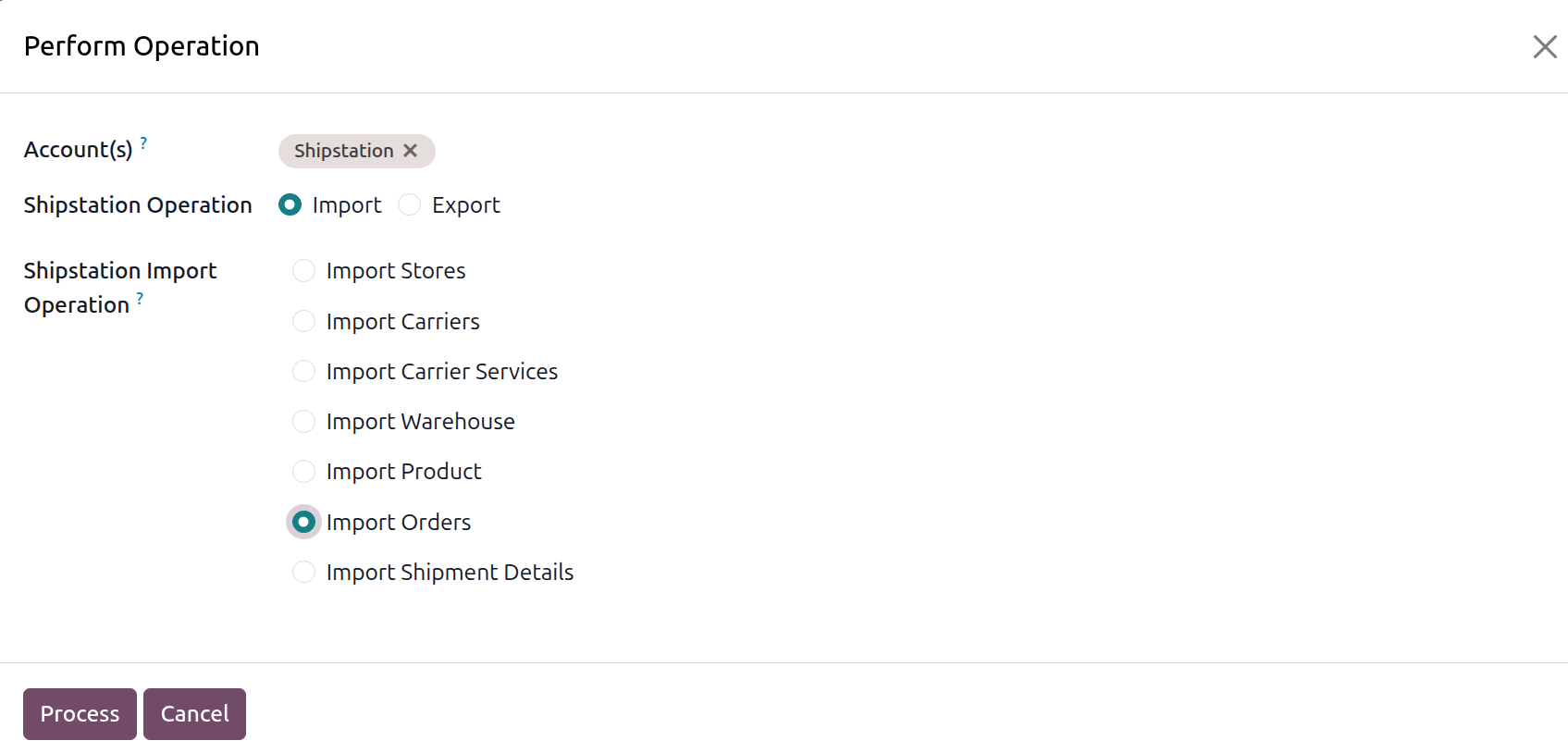 Operations wizard set to Import Orders