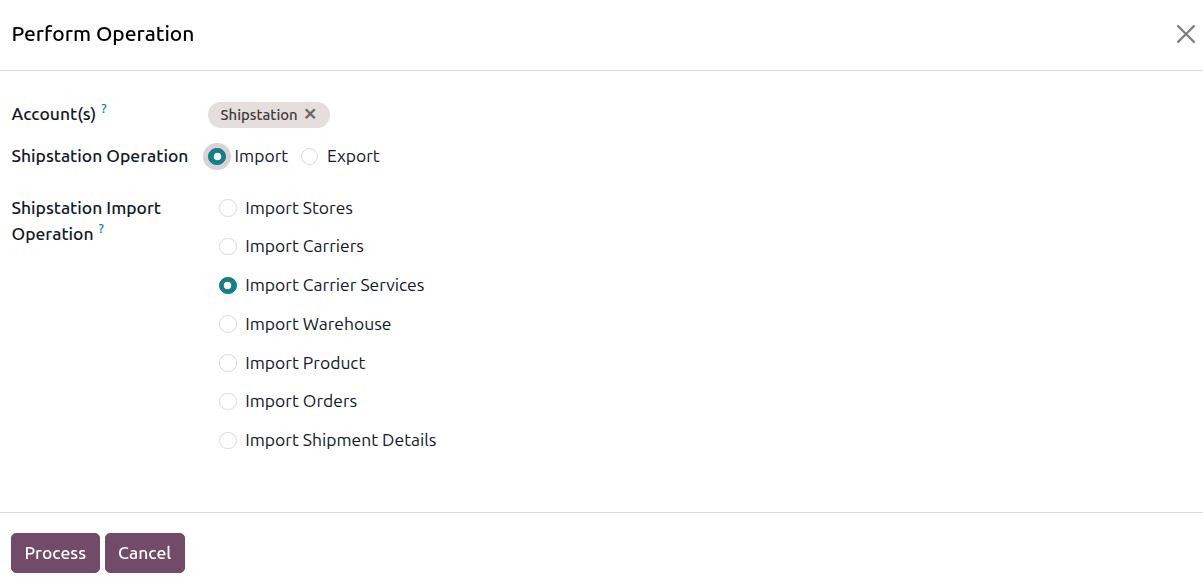Operations wizard set to Import Carrier Services