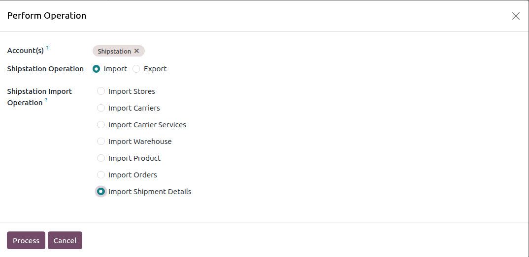 Operations wizard set to Import Shipment Details