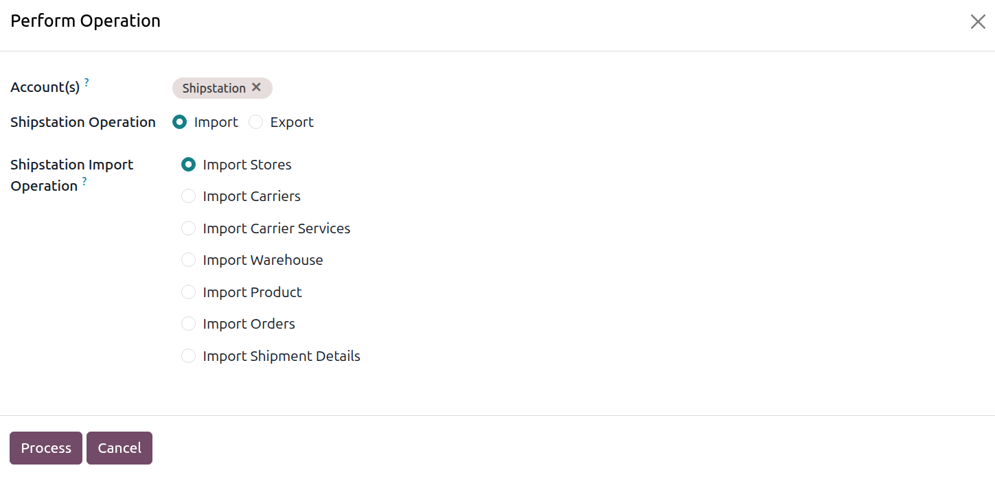 Operations wizard set to Import Stores
