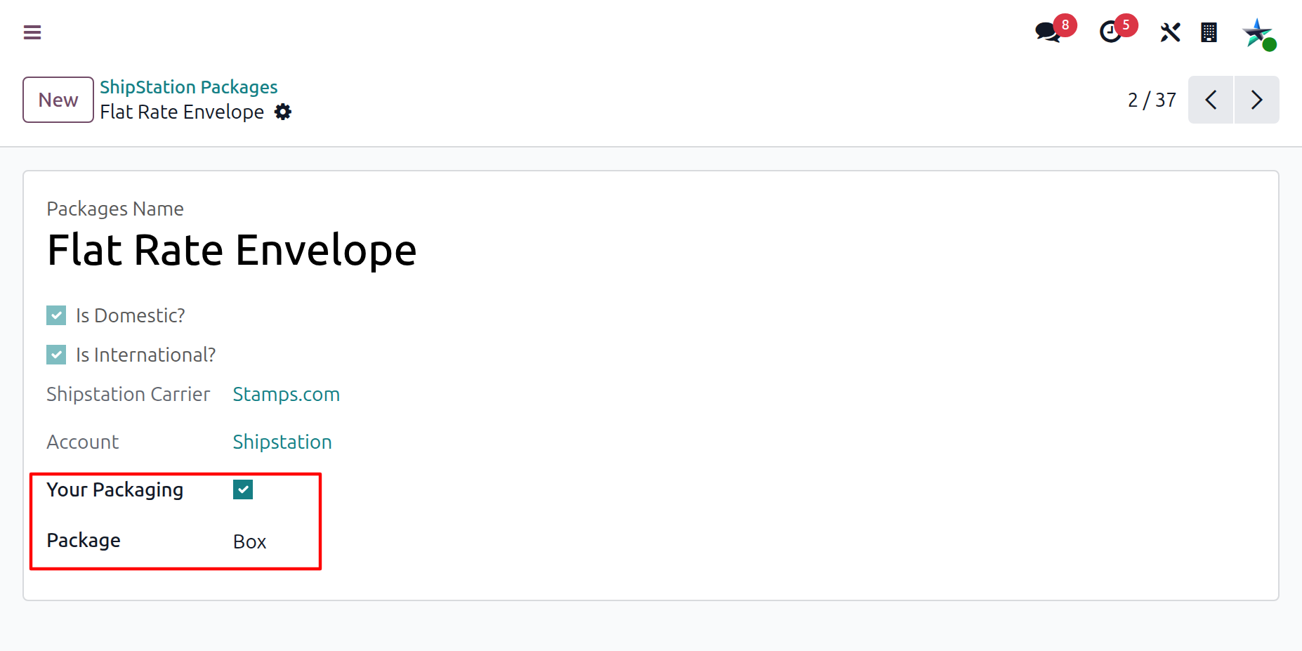 Package form showing Your Packaging toggle and Package link