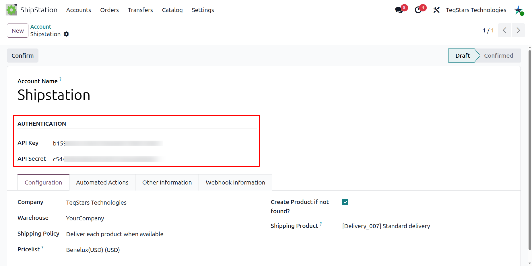 API Key and API Secret pasted into the Odoo account form