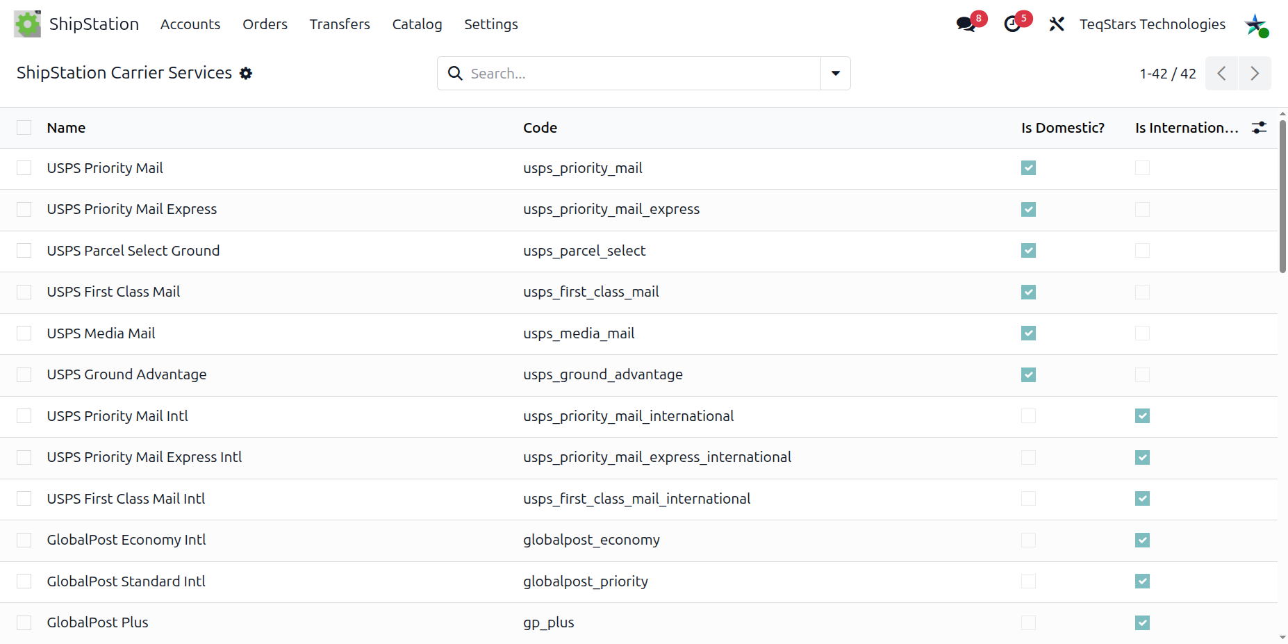 Imported carrier services list view